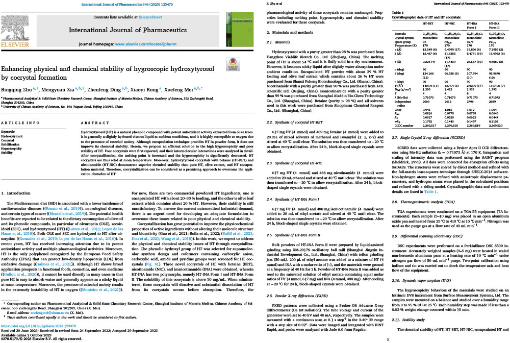 Enhancing physical and chemical stability of hygroscopic hydroxytyrosol by cocrystal formation
